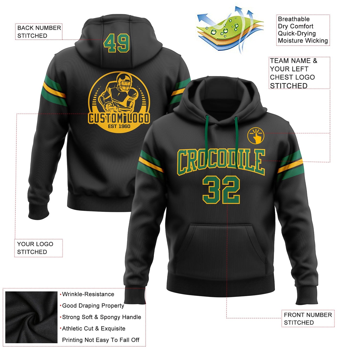 Custom Stitched Black Kelly Green-Gold Football Pullover Sweatshirt Hoodie view 2