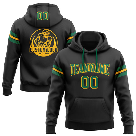 Custom Stitched Black Kelly Green-Gold Football Pullover Sweatshirt Hoodie - Main View