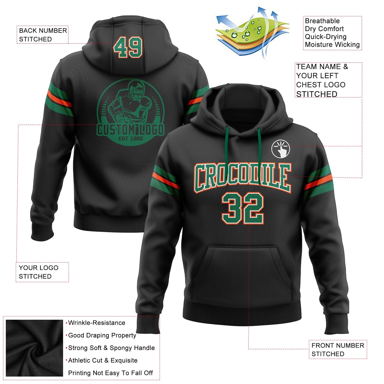 Custom Stitched Black Kelly Green-Orange Football Pullover Sweatshirt Hoodie view 2