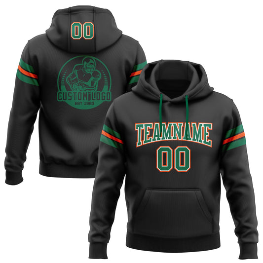 Custom Stitched Black Kelly Green-Orange Football Pullover Sweatshirt Hoodie - Main View