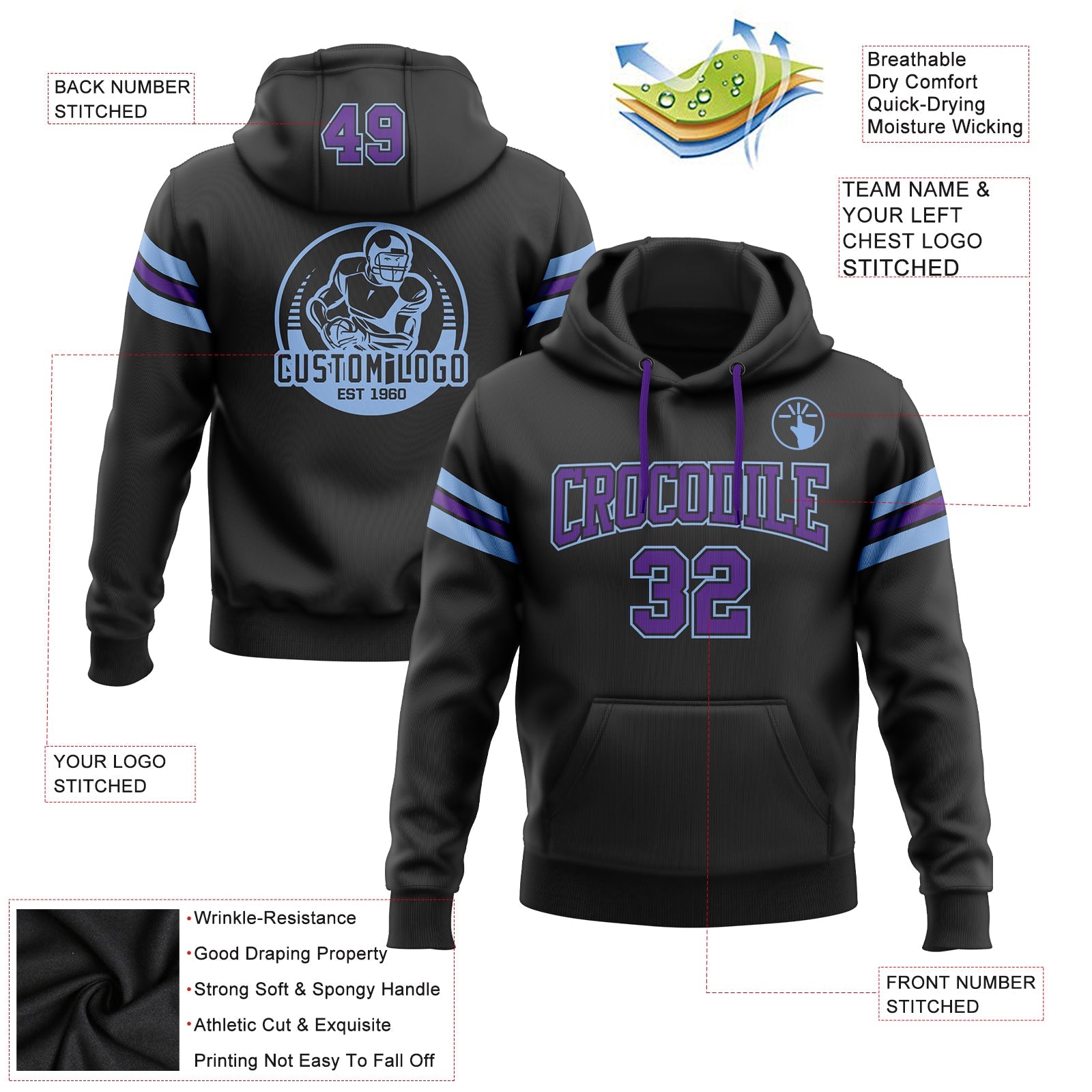 Custom Stitched Black Purple-Light Blue Football Pullover Sweatshirt Hoodie view 2