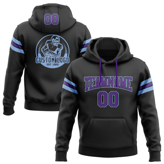 Custom Stitched Black Purple-Light Blue Football Pullover Sweatshirt Hoodie - Main View