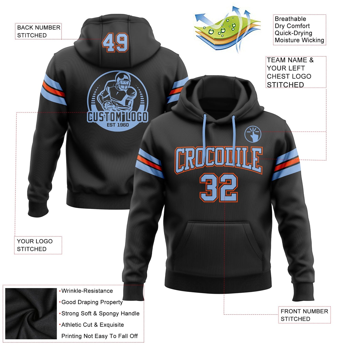 Custom Stitched Black Light Blue-Orange Football Pullover Sweatshirt Hoodie view 2
