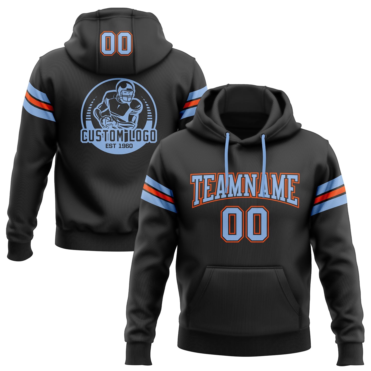 Custom Stitched Black Light Blue-Orange Football Pullover Sweatshirt Hoodie - Main View