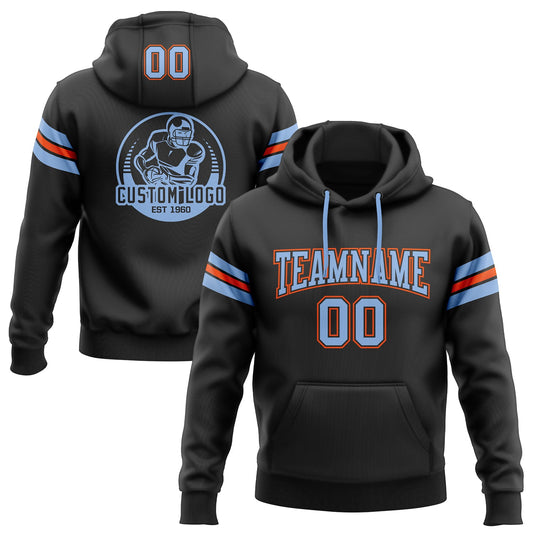 Custom Stitched Black Light Blue-Orange Football Pullover Sweatshirt Hoodie - Main View