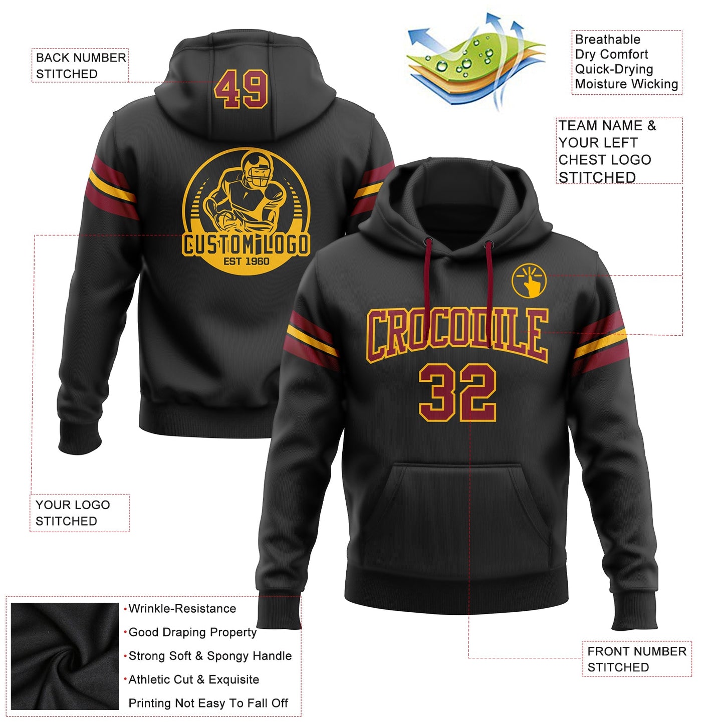 Custom Stitched Black Crimson-Gold Football Pullover Sweatshirt Hoodie view 2