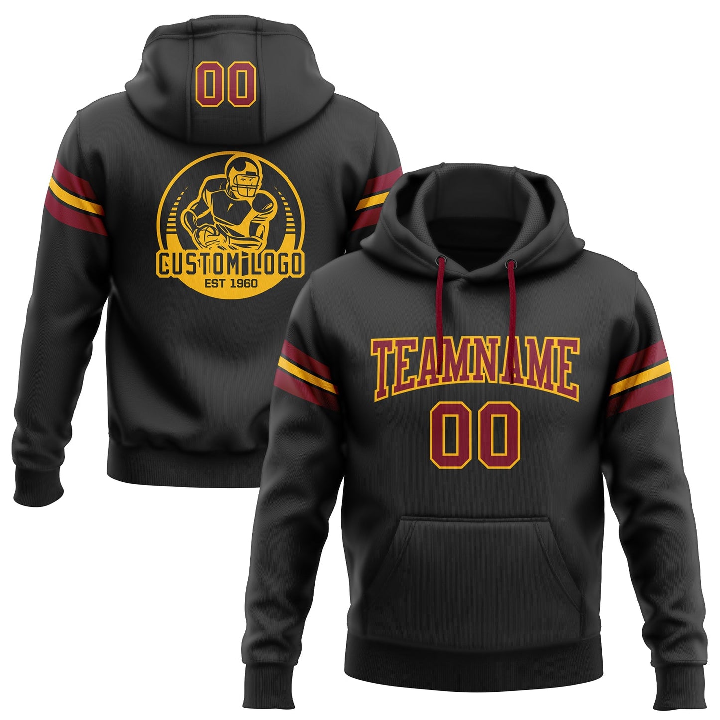 Custom Stitched Black Crimson-Gold Football Pullover Sweatshirt Hoodie - Main View