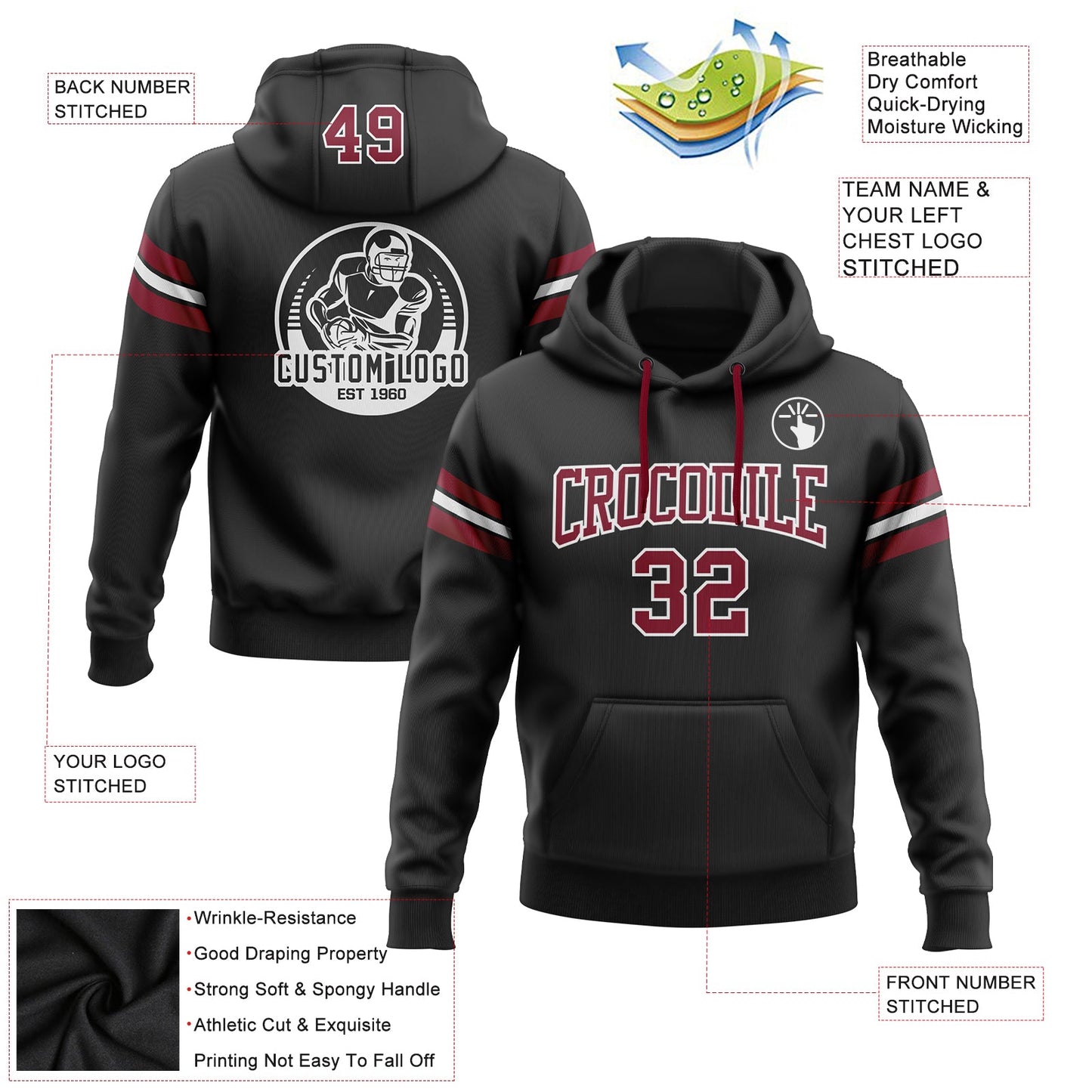Custom Stitched Black Crimson-White Football Pullover Sweatshirt Hoodie view 2
