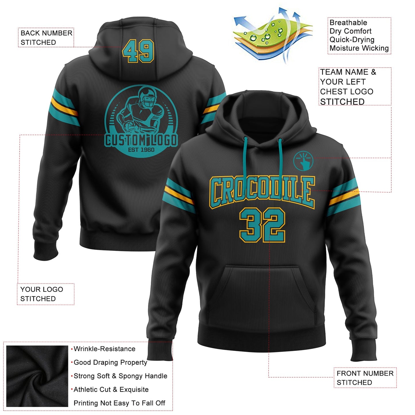 Custom Stitched Black Teal-Gold Football Pullover Sweatshirt Hoodie view 2