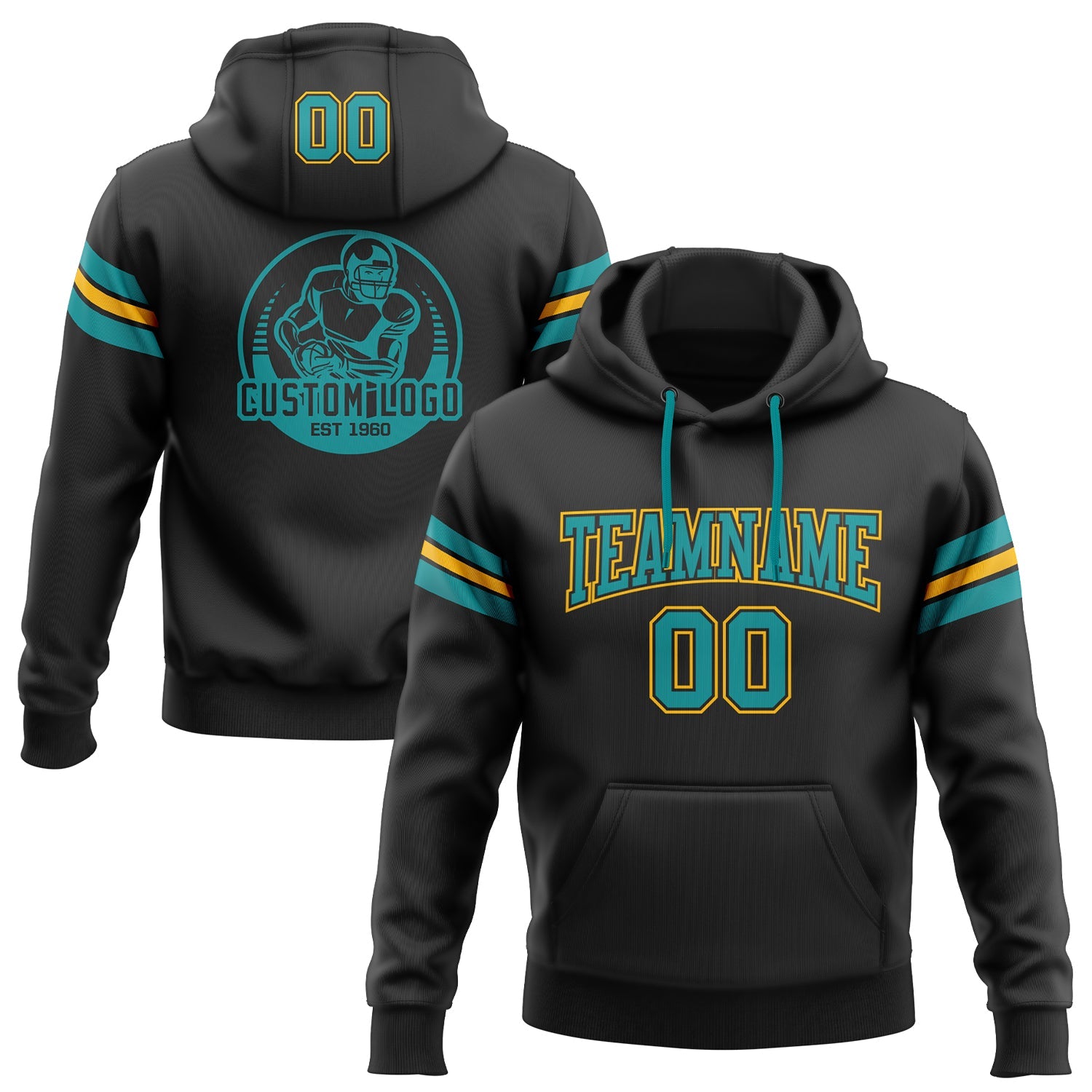 Custom Stitched Black Teal-Gold Football Pullover Sweatshirt Hoodie - Main View