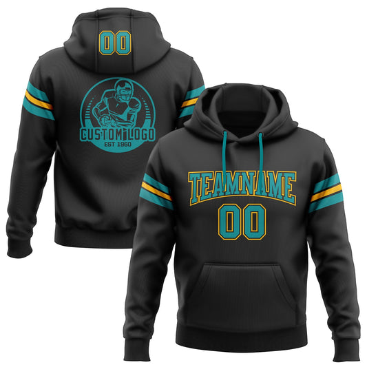 Custom Stitched Black Teal-Gold Football Pullover Sweatshirt Hoodie - Main View