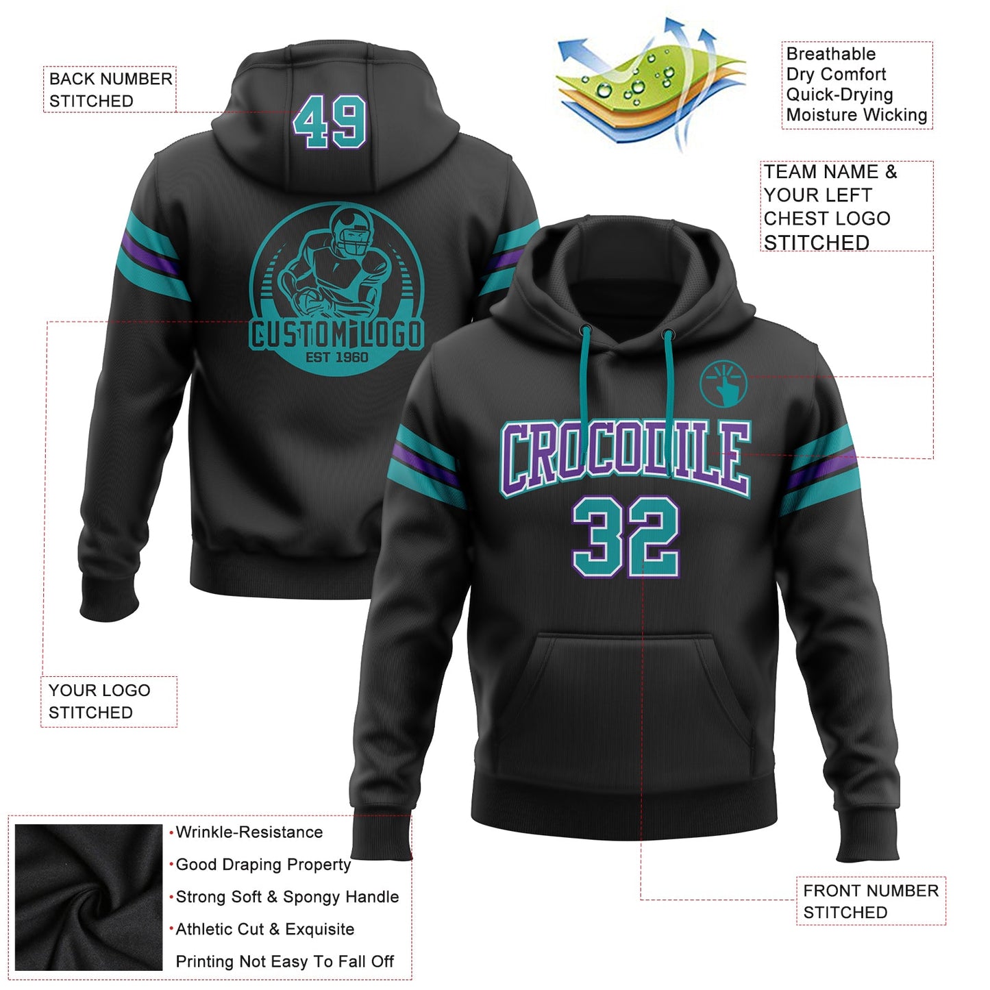 Custom Stitched Black Teal-Purple Football Pullover Sweatshirt Hoodie view 2