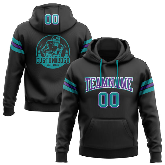 Custom Stitched Black Teal-Purple Football Pullover Sweatshirt Hoodie - Main View