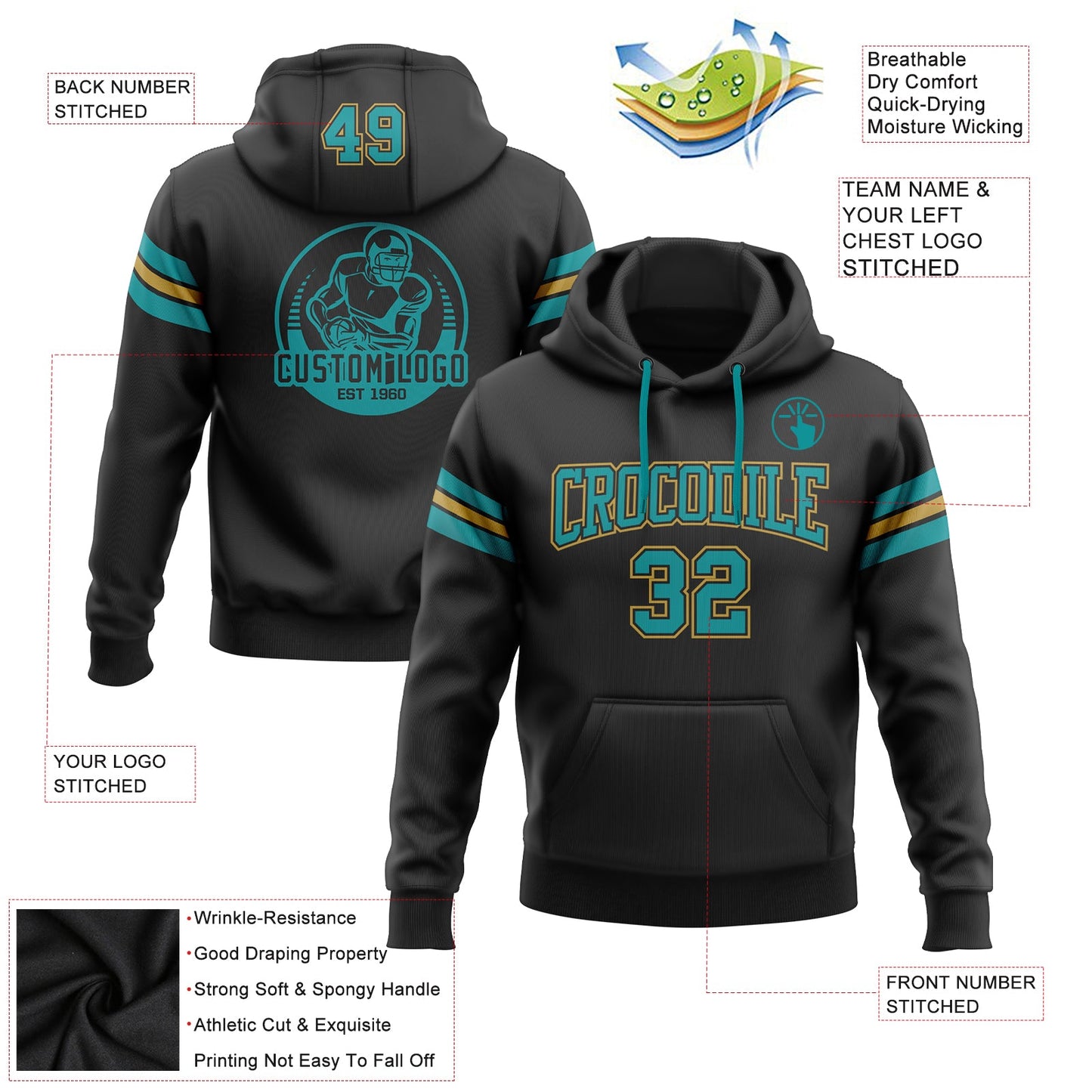 Custom Stitched Black Teal-Old Gold Football Pullover Sweatshirt Hoodie view 2