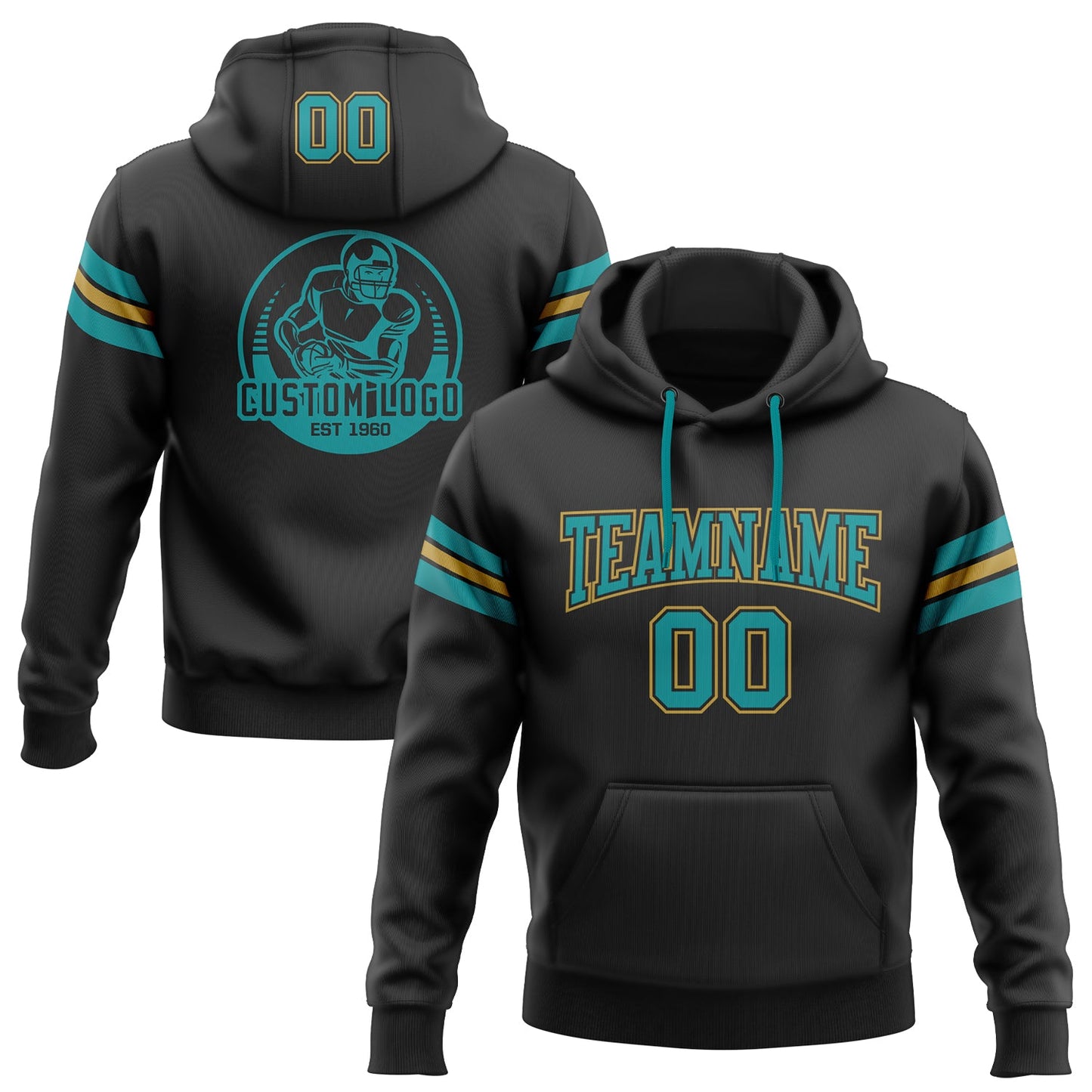 Custom Stitched Black Teal-Old Gold Football Pullover Sweatshirt Hoodie - Main View