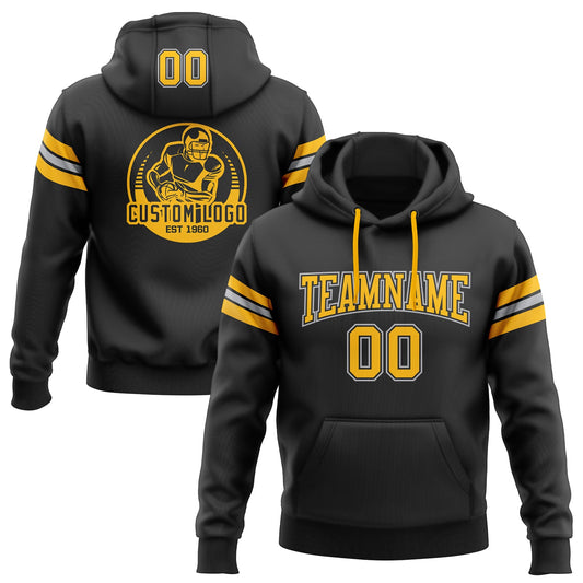 Custom Stitched Black Gold-Gray Football Pullover Sweatshirt Hoodie - Main View