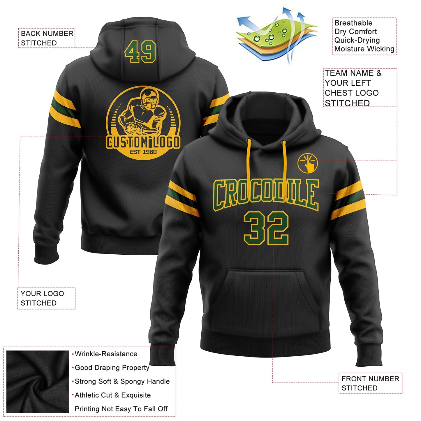 Custom Stitched Black Green-Gold Football Pullover Sweatshirt Hoodie view 2