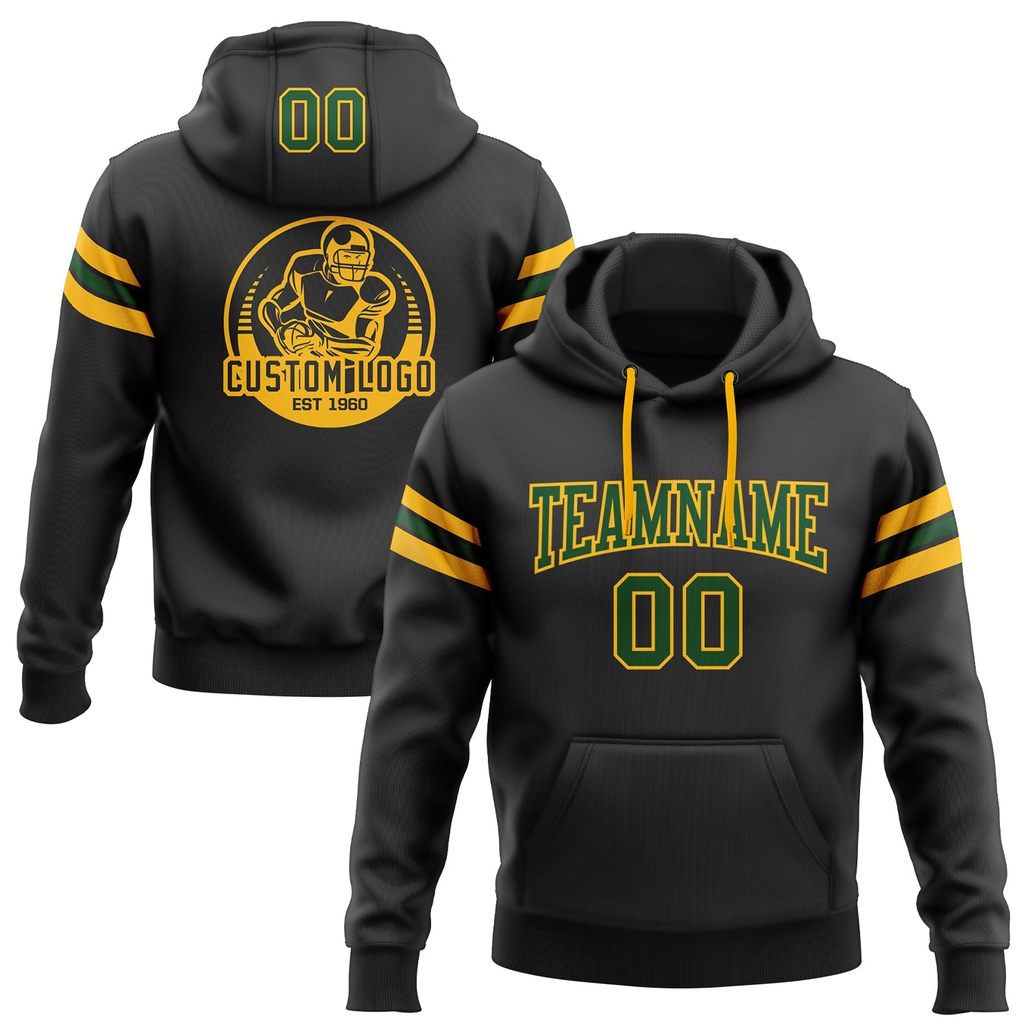 Custom Stitched Black Green-Gold Football Pullover Sweatshirt Hoodie - Main View