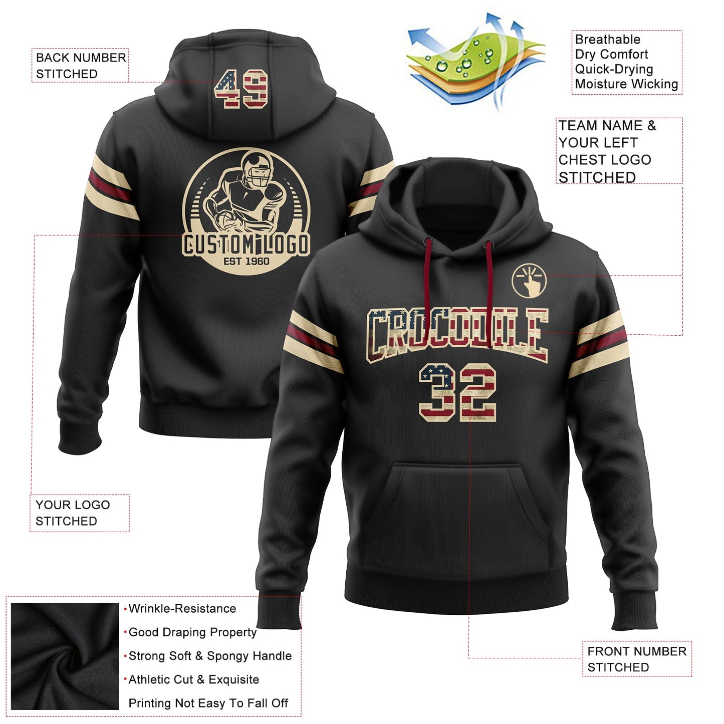 Custom Stitched Black Vintage USA Flag City Cream-Crimson Football Pullover Sweatshirt Hoodie view 2