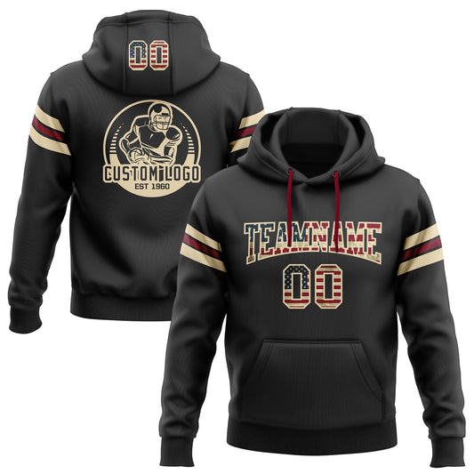 Custom Stitched Black Vintage USA Flag City Cream-Crimson Football Pullover Sweatshirt Hoodie - Main View