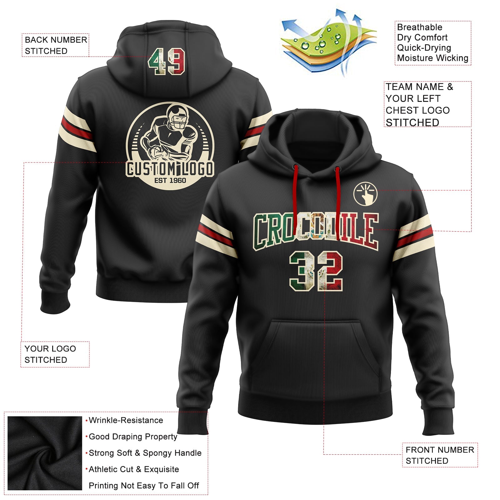 Custom Stitched Black Vintage Mexican Flag Cream-Red Football Pullover Sweatshirt Hoodie view 2