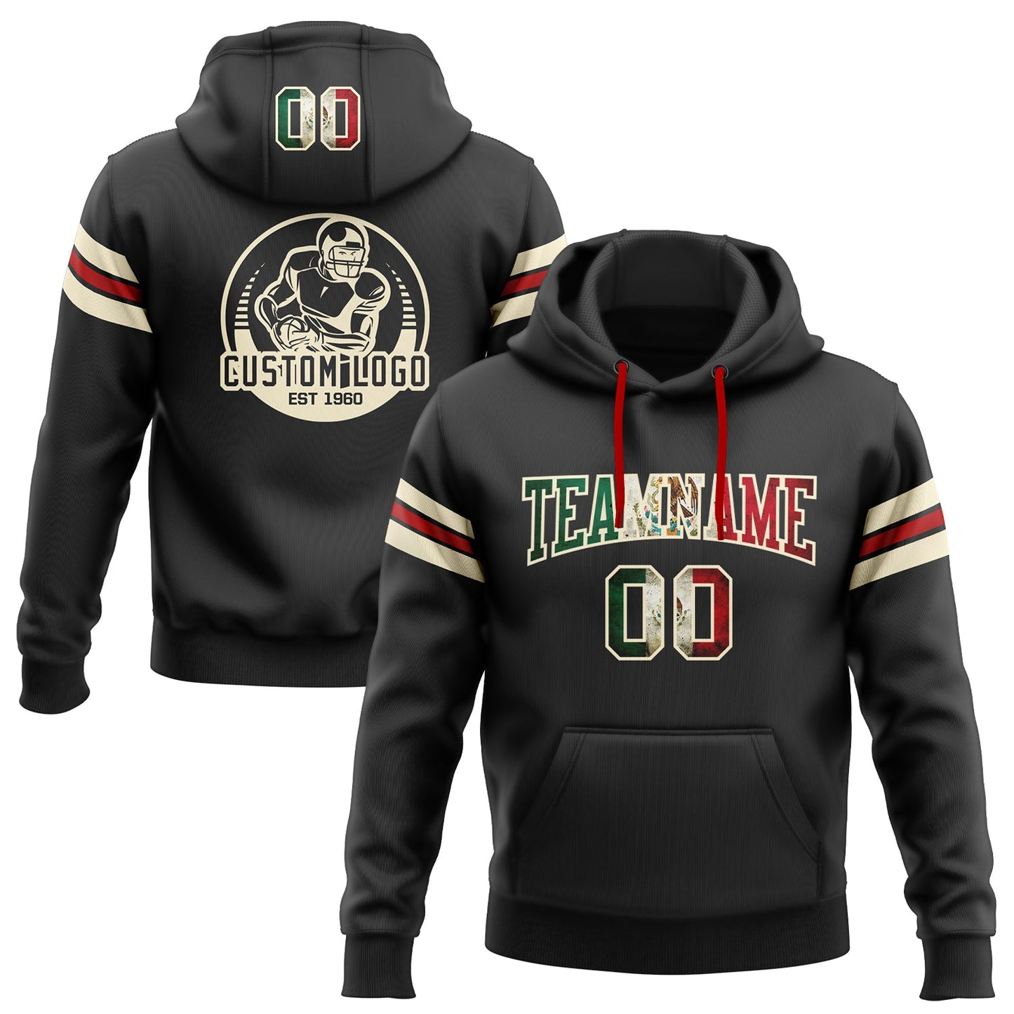 Custom Stitched Black Vintage Mexican Flag Cream-Red Football Pullover Sweatshirt Hoodie - Main View