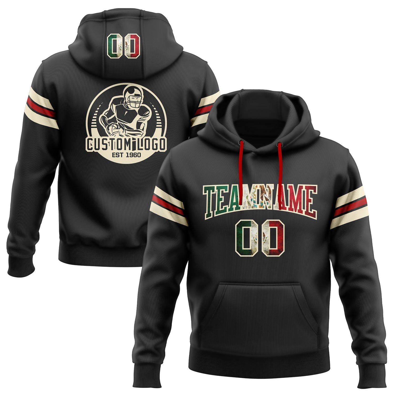 Custom Stitched Black Vintage Mexican Flag Cream-Red Football Pullover Sweatshirt Hoodie - Main View