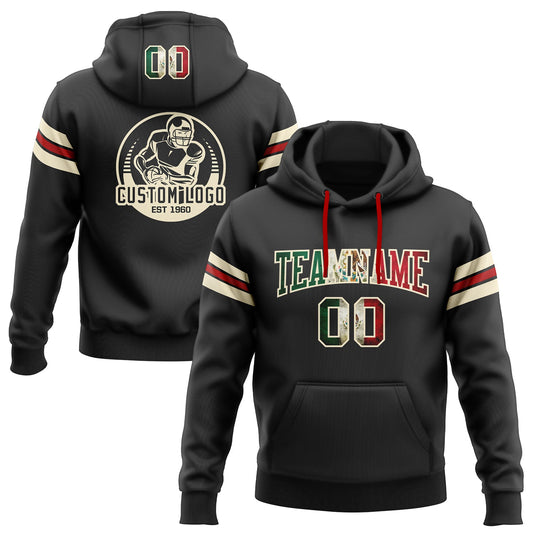 Custom Stitched Black Vintage Mexican Flag Cream-Red Football Pullover Sweatshirt Hoodie - Main View