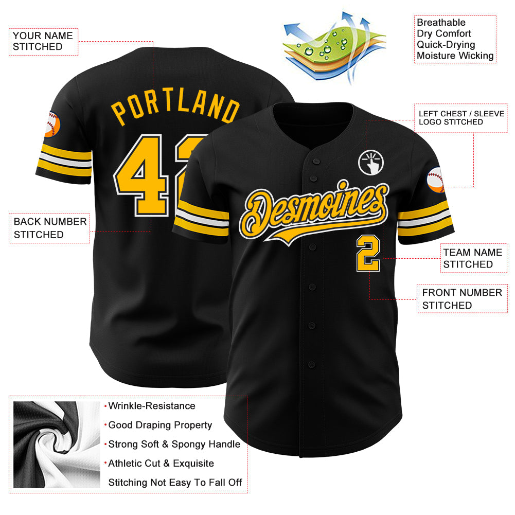 Custom Black Gold-White Authentic Baseball Jersey view 3