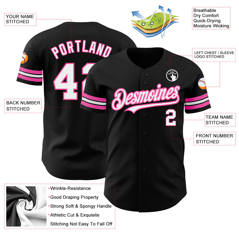 Custom Black White-Pink Authentic Baseball Jersey view 3