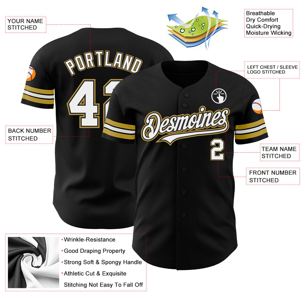 Custom Black White-Old Gold Authentic Baseball Jersey view 3