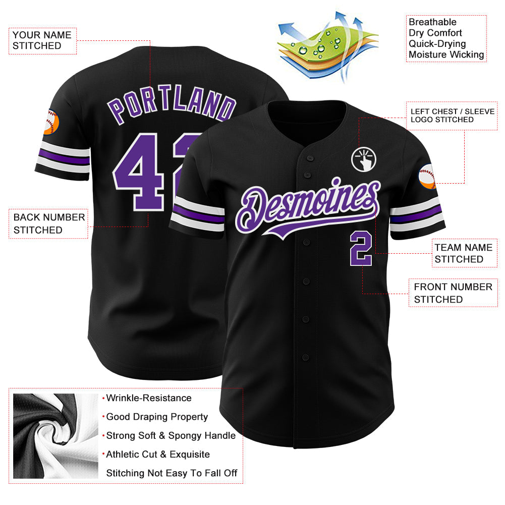 Custom Black Purple=White Authentic Baseball Jersey view 3