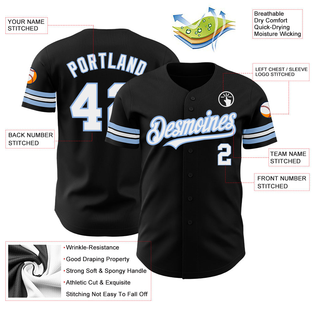 Custom Black White-Light Blue Authentic Baseball Jersey view 3