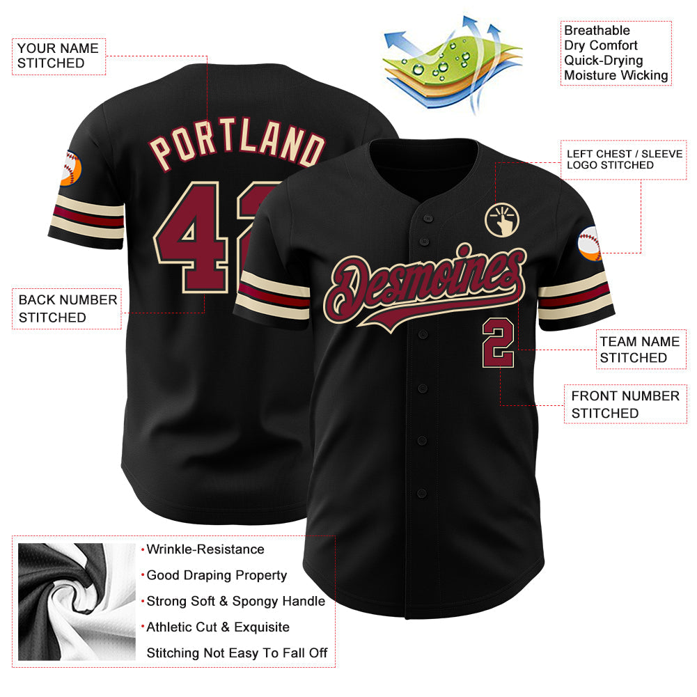 Custom Black Crimson-City Cream Authentic Baseball Jersey view 3