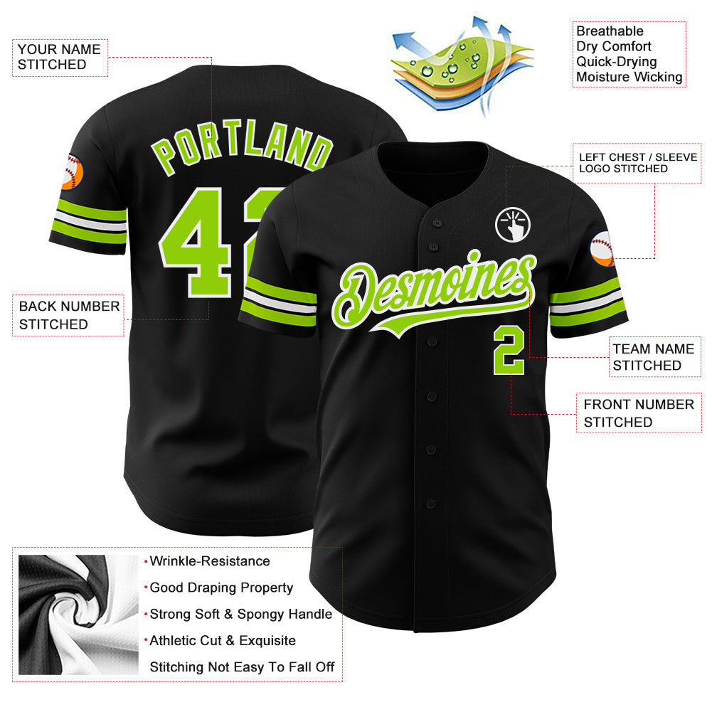 Custom Black Neon Green-White Authentic Baseball Jersey view 3