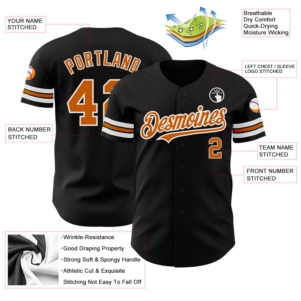 Custom Black Texas Orange-White Authentic Baseball Jersey view 3