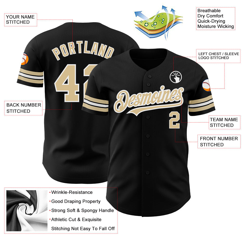 Custom Black Vegas Gold-White Authentic Baseball Jersey view 3