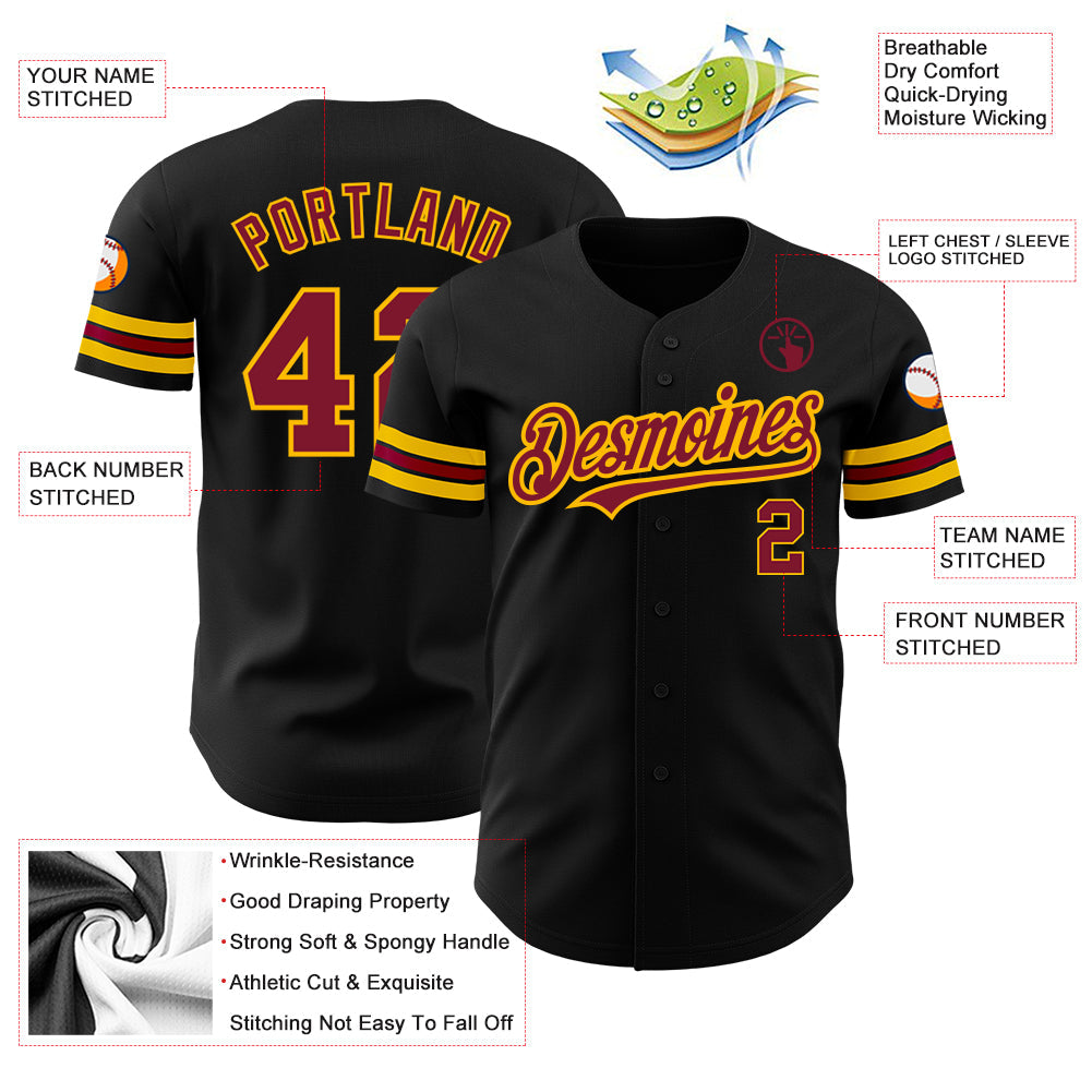 Custom Black Crimson-Gold Authentic Baseball Jersey view 3