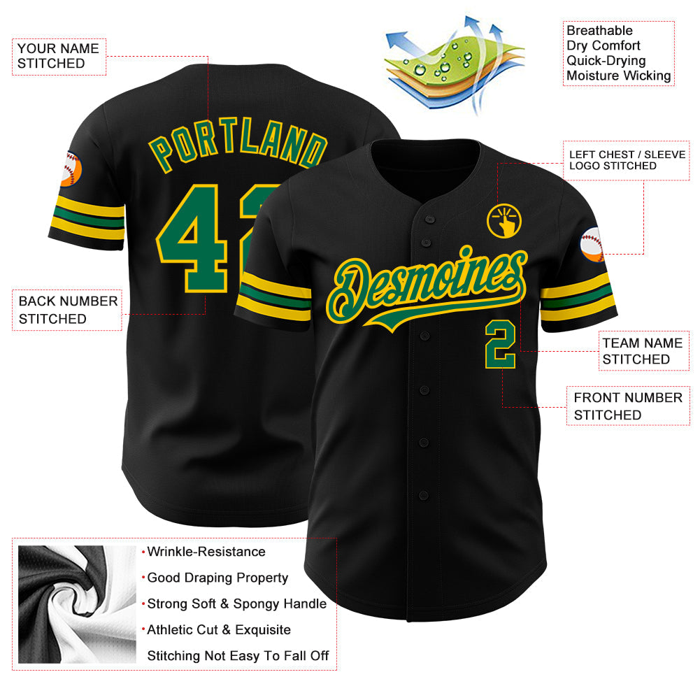 Custom Black Kelly Green-Yellow Authentic Baseball Jersey view 3