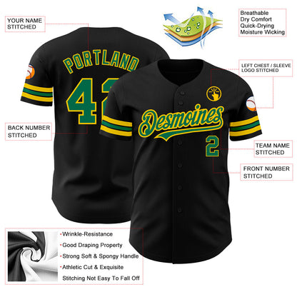 Custom Black Kelly Green-Yellow Authentic Baseball Jersey view 3