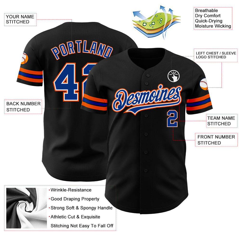 Custom Black Royal-Orange Authentic Baseball Jersey view 3