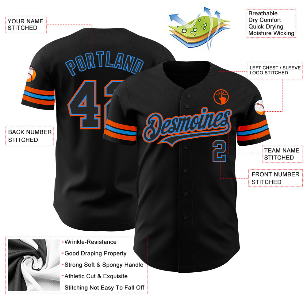 Custom Black Electric Blue-Orange Authentic Baseball Jersey view 3