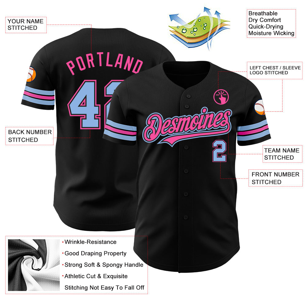 Custom Black Light Blue-Pink Authentic Baseball Jersey view 3