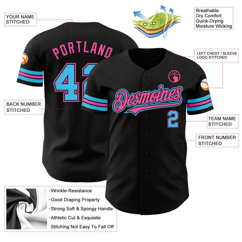 Custom Black Sky Blue-Pink Authentic Baseball Jersey view 3