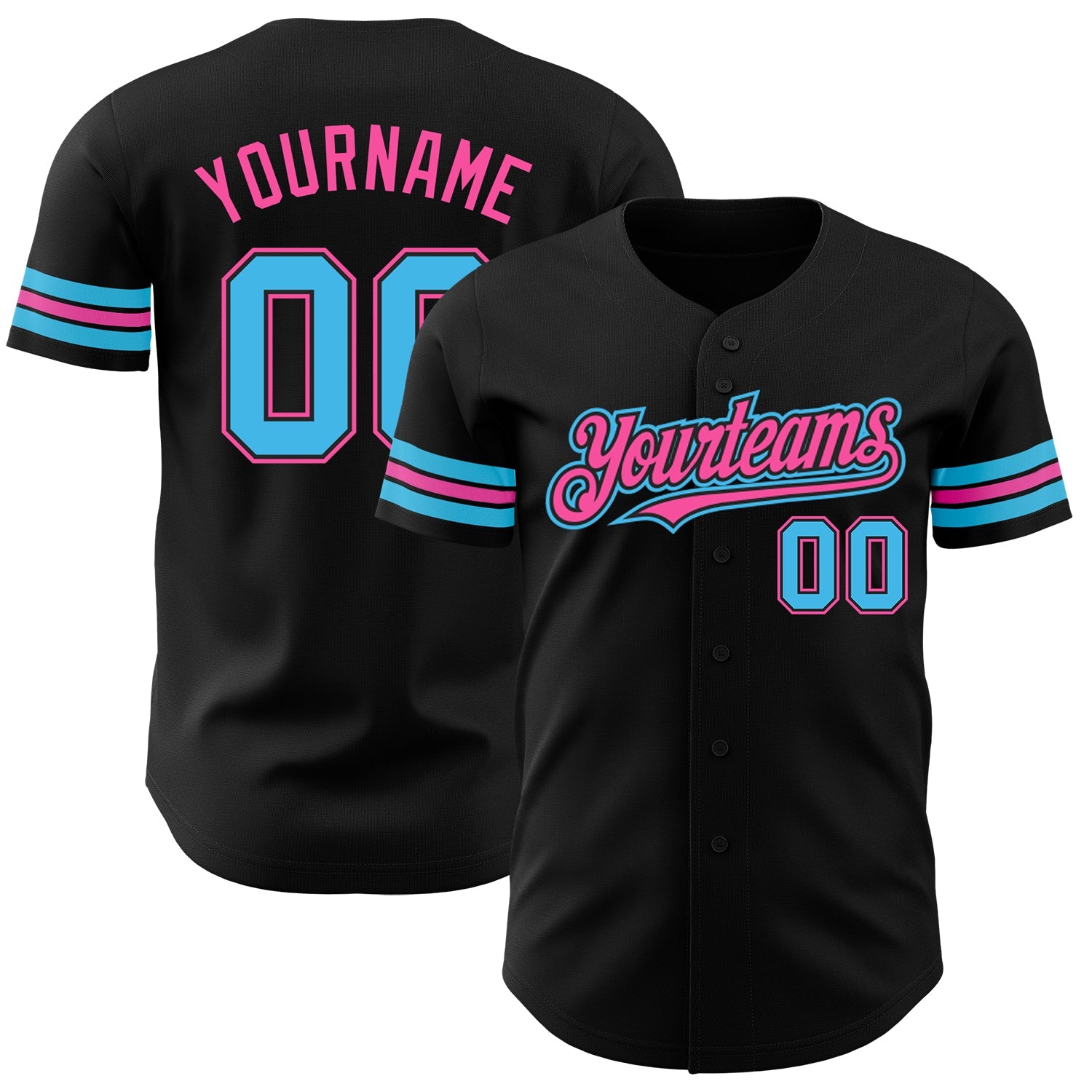 Custom Black Sky Blue-Pink Authentic Baseball Jersey - Main View