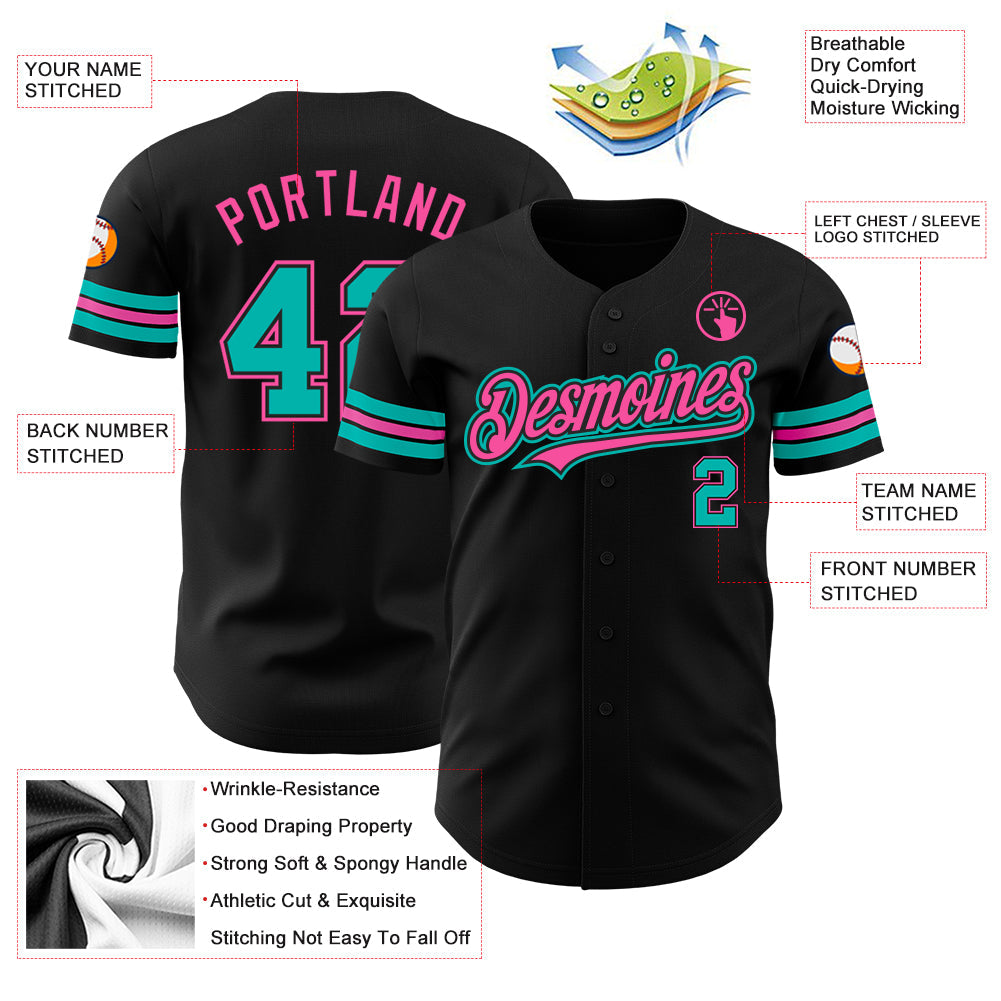 Custom Black Aqua-Pink Authentic Baseball Jersey view 3
