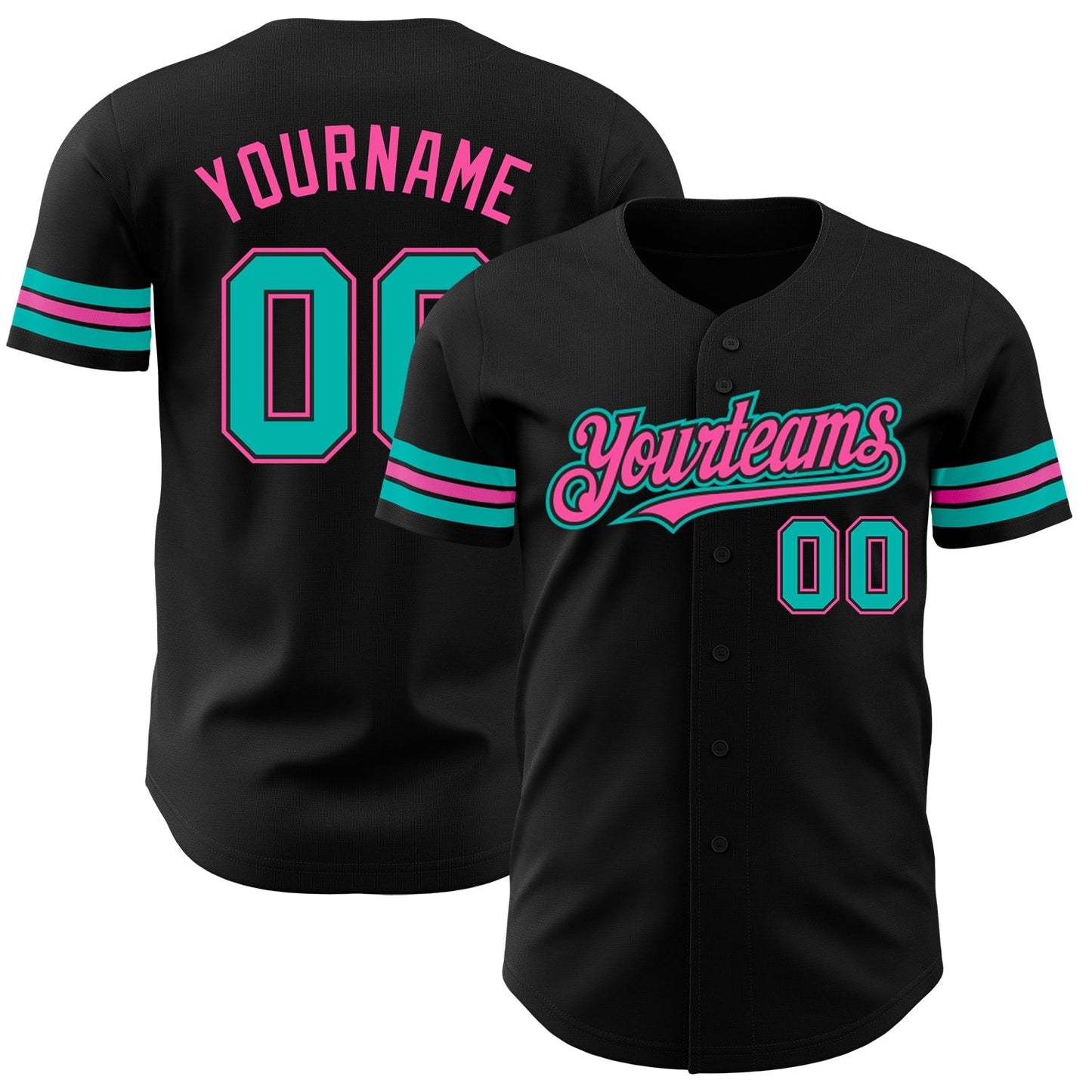 Custom Black Aqua-Pink Authentic Baseball Jersey - Main View