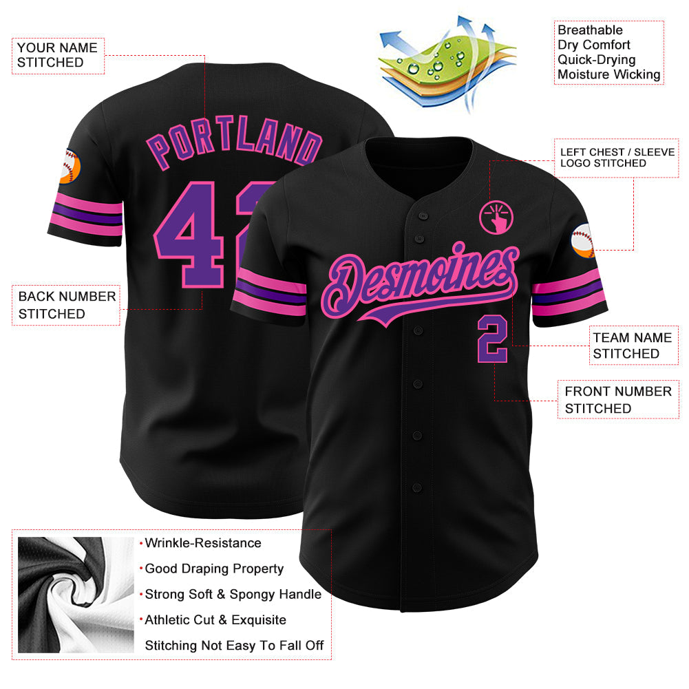 Custom Black Purple-Pink Authentic Baseball Jersey view 3