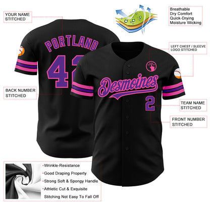 Custom Black Purple-Pink Authentic Baseball Jersey view 3