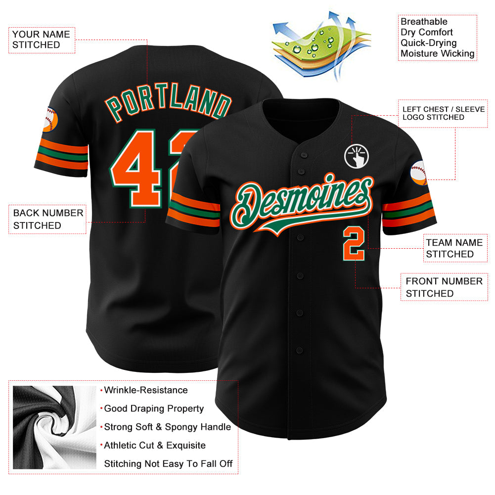 Custom Black Orange-Kelly Green Authentic Baseball Jersey view 3